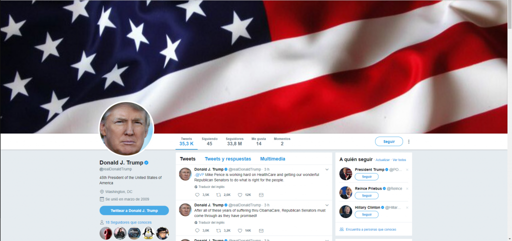 Captura de pantalla del perfil de Donald Trump en Twitter